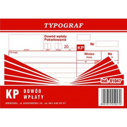 Druk KW Dowód Wpłaty Typograf 01048 A6 80kar